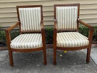 Pair of French Upholstered Empire Mahogany Armchairs by 