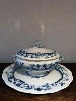 English Oval Blue & White Porcelain Tureen/Platter by 