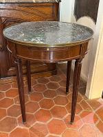 French Round Mahogany Side Table with Grey Marble Top by 