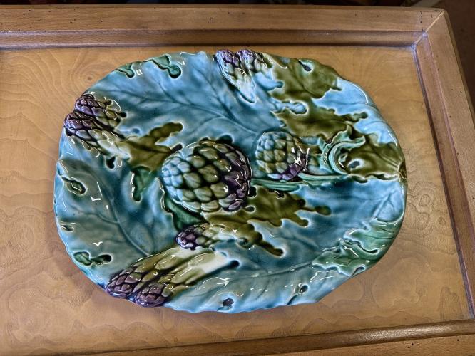 French Faience Barbotine Asparagus/Artichoke Plate by 