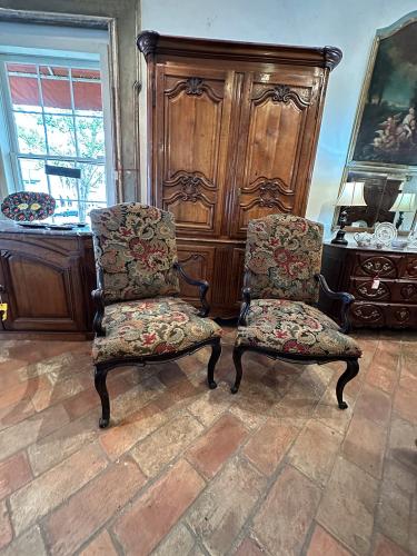 Pair of 18th C. French Walnut Upholstered Fauteuils by 