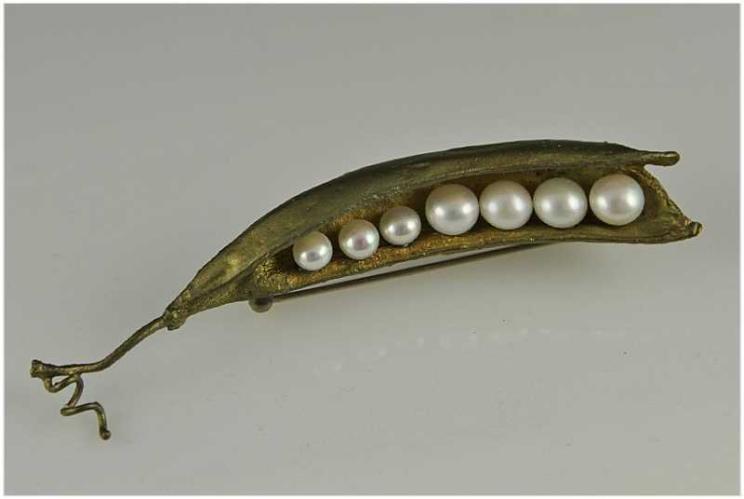 Vintage Pea Pod Pin  with Pearls by None None