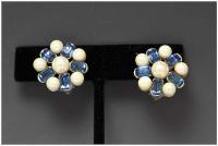 Pair of Faux Pearl & Sapphire Clip Earrings, by None None