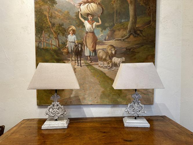 Pair of French Artisanal Wooden Lamps by 