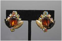 Pr Faux Amber & Onyx Paste Clip Earrings by None None