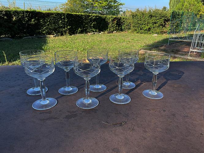 Set/8 French Etched Wine Glasses by 