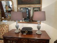Pair French Wooden Lamps with Shades by 