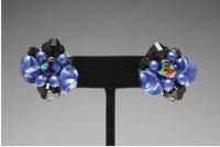 German Blue & Black Plastic Stone Clip Earrings by None None