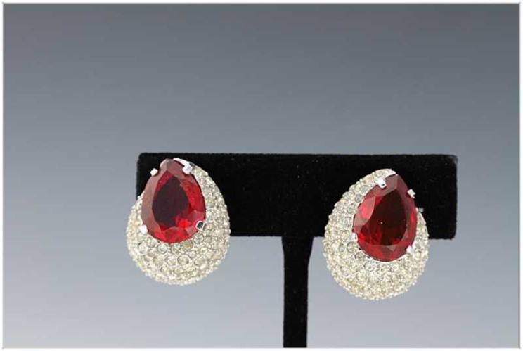 Pair of Faux Ruby & Crystal Clip Earrings by None None