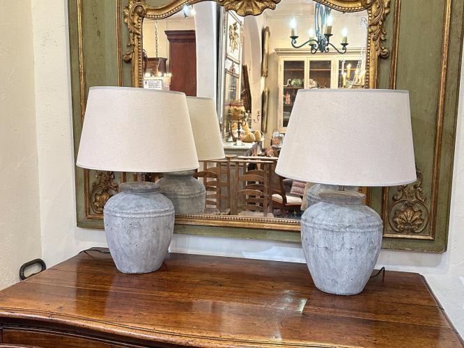 Pair of Blue-Gray Terra Cotta Lamps by 
