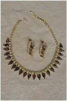 Green & Brown Rhinestone Necklace With Earrings by None None