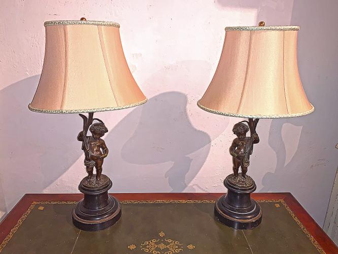 19th C. French Bronze Candlestick Lamps by 
