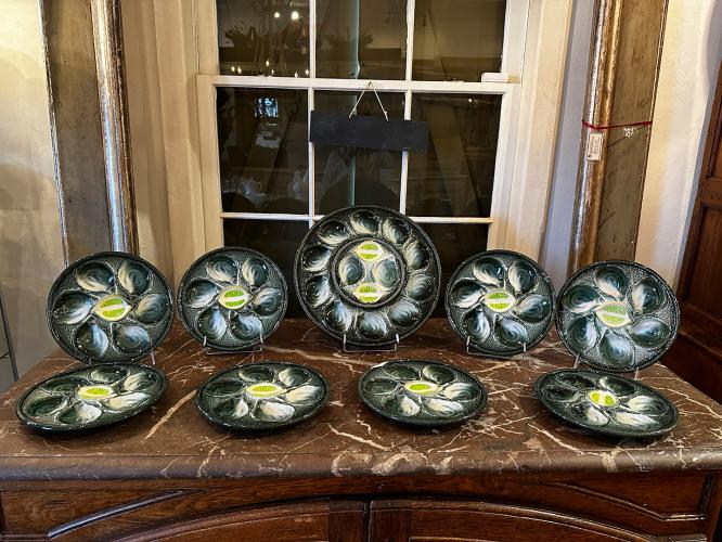 Set/8 French Faience Oyster Plates & Platter by 